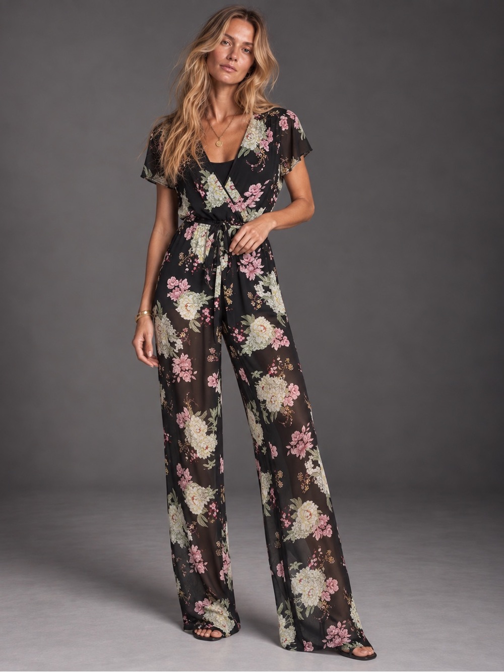 Black Floral Sheer Wide-Leg Jumpsuit Size L